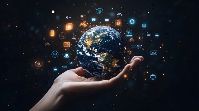 Hand with Earth Surrounded by Technology Icons: A hand holding the Earth, surrounded by floating technology icons, symbolizing the digital world's impact on the planet. 
