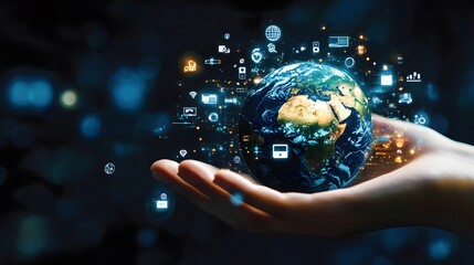 Hand with Earth Surrounded by Technology Icons: A hand holding the Earth, surrounded by floating technology icons, symbolizing the digital world's impact on the planet. 
