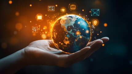 Hand with Earth Surrounded by Technology Icons: A hand holding the Earth, surrounded by floating technology icons, symbolizing the digital world's impact on the planet. 

