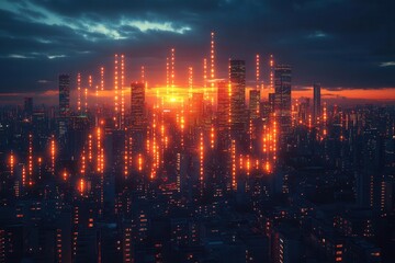 Fototapeta premium dynamic candlestick chart overlaying a metropolitan cityscape at twilight glowing bars and lines represent stock market fluctuations blending finance with urban energy in a compelling visual metaphor