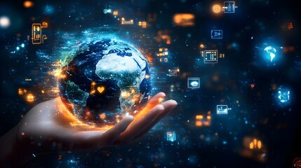 Hand with Earth Surrounded by Technology Icons: A hand holding the Earth, surrounded by floating technology icons, symbolizing the digital world's impact on the planet. 
