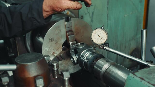 The turner prepares workpiece in lathe before work 