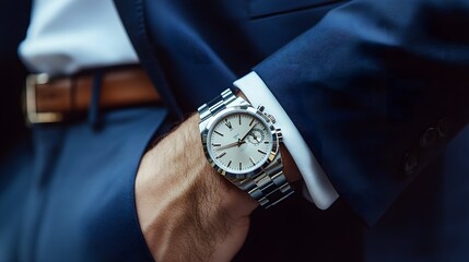 A silver wristwatch on the wrist of a man wearing a blue suit and white shirt