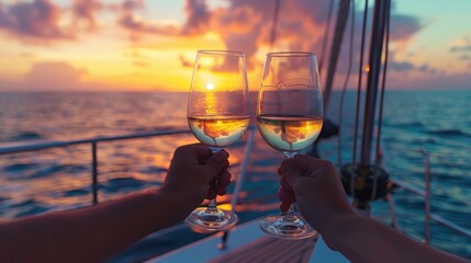 Obraz premium Hand holding wine glass with tropical vacation resort sea beach