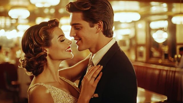 A retro film photo of a couple dancing in a 1950s diner, with warm, grainy textures and soft lighting, capturing the essence of a bygone era.