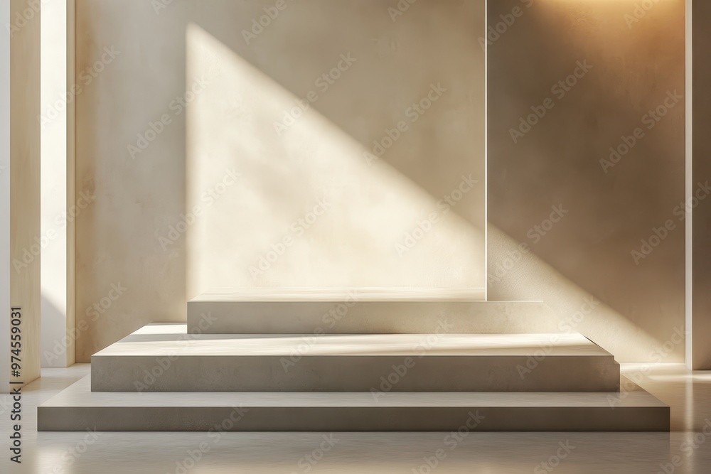 Poster A minimalist interior space with steps and soft lighting creating a serene atmosphere.