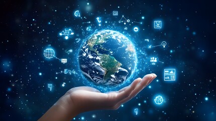 Hand with Earth Surrounded by Technology Icons: A hand holding the Earth, surrounded by floating technology icons, symbolizing the digital world's impact on the planet. 
