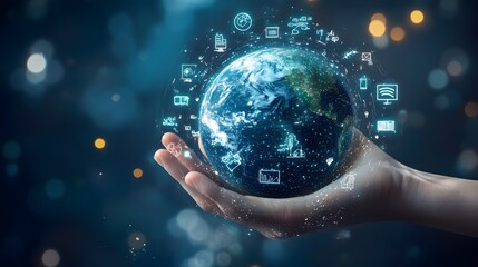 Hand with Earth Surrounded by Technology Icons: A hand holding the Earth, surrounded by floating...