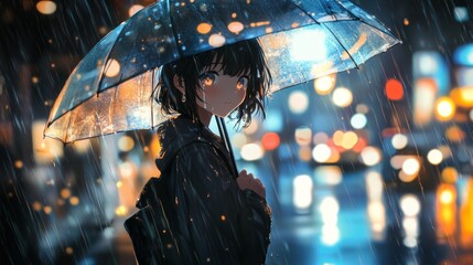 Anime girl in Rain with Umbrella