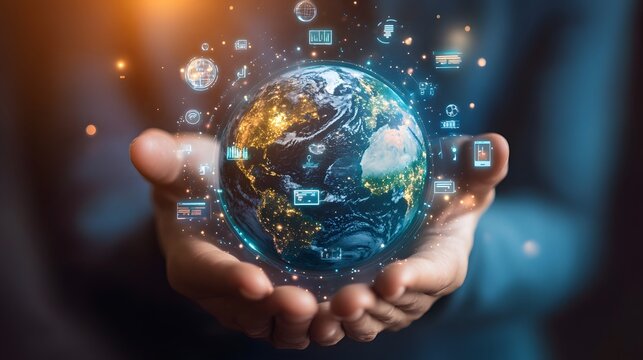 Hand with Earth Surrounded by Technology Icons: A hand holding the Earth, surrounded by floating technology icons, symbolizing the digital world's impact on the planet. 
