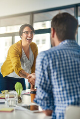 Shaking hands, thank you and business people for collaboration success, respect or office welcome....