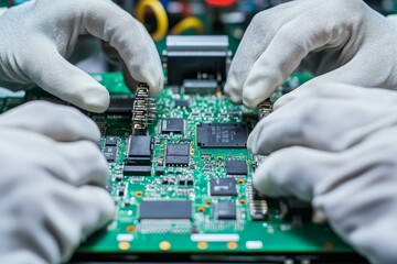 Obraz premium Close-up of hands assembling electronic circuit board with precision and care in a modern technology environment.