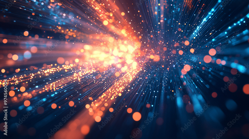 Poster Mesmerizing background created by abstract particles with a radial zoom effect, blending vibrant blue and orange tones for an energetic feel
