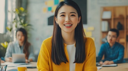 Smiling Woman in Yellow Cardigan Working at a Desk