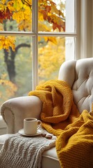 A cozy autumn scene with yellow blankets and a cup of coffee on an armchair by the window, inviting warmth for fall relaxation