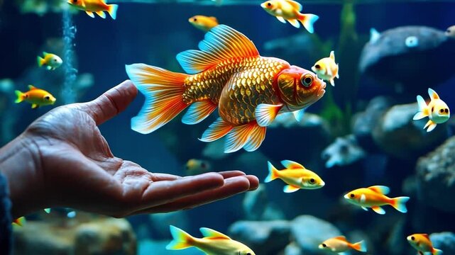 A pet owner feeding their fish in an aquarium, capturing the calm and peaceful bond that extends even to aquatic pets.