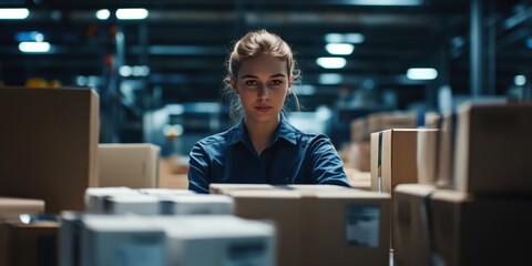 Focused woman in warehouse surrounded by packages, representing diligence and teamwork in logistics and supply chain operations.