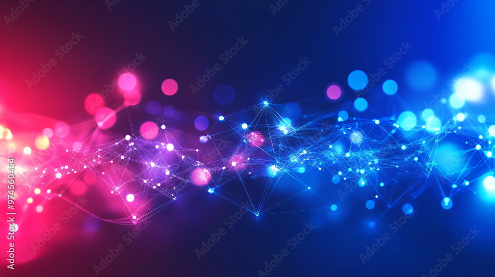 Poster blue and pink abstract technology background with interconnected lines and dots