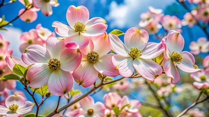 Delicate white and pink blossoms adorn the branches of a dogwood tree, set against a soft blue spring sky with lush green foliage in the background.