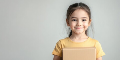 Obraz premium A cheerful young girl in a yellow shirt holding a brown box, smiling against a light gray background, embodying joy and curiosity.
