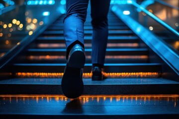 Fototapeta premium dynamic lowangle shot of a businessmans feet sprinting up modern office stairs motion blur and dramatic lighting emphasize urgency and ambition