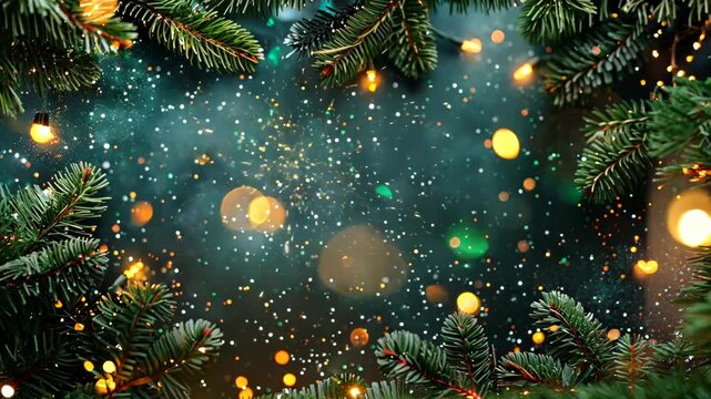 Christmas frame with fir branches and lights