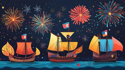 Columbus Day Ships with colorful sails and fireworks in the sky, Columbus Day festivities, no face, flat design illustration