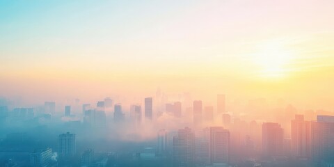 Fototapeta premium A serene city skyline bathed in soft, colorful light during sunrise, surrounded by a gentle haze of morning mist.