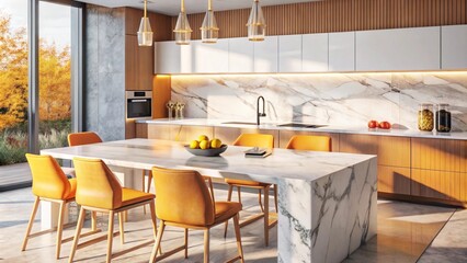 Minimalist modern interior design of kitchen with white marble stone island, dining table and chairs.
