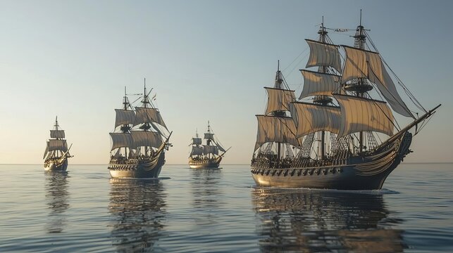 Columbus Day Historic Ships at Sea A fleet of detailed miniature replicas of Columbus's ships the Nina, the Pinta, and the Santa Maria sailing on a calm ocean under a clear sky