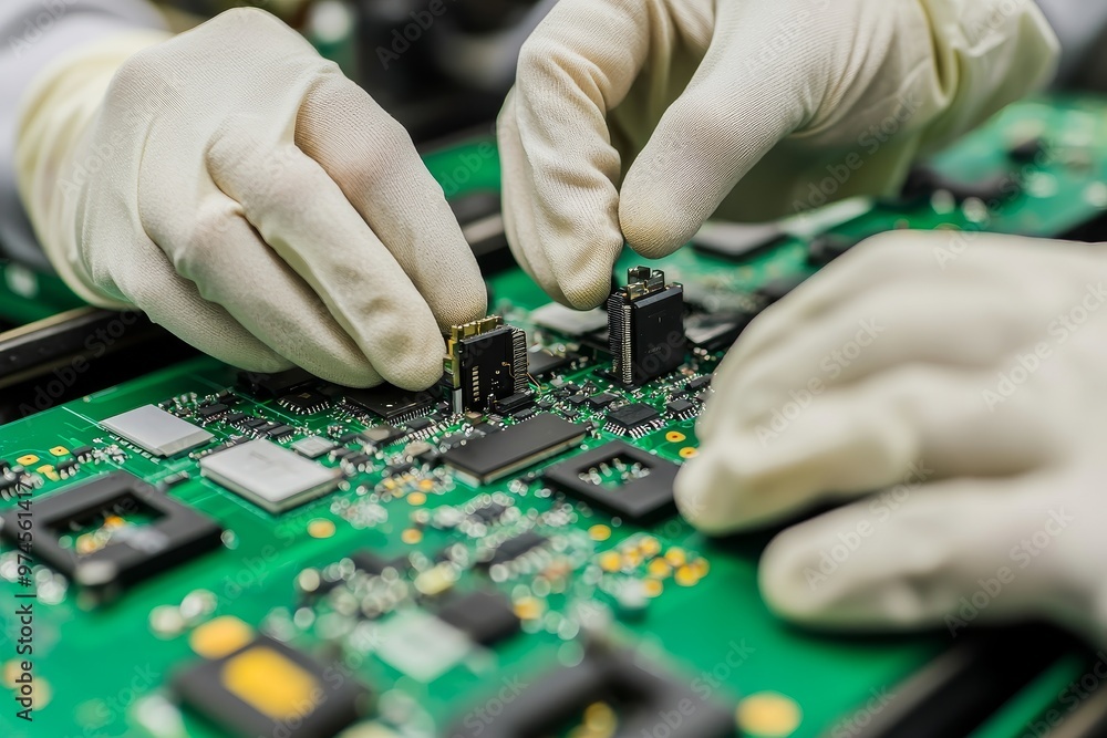 Poster hands in gloves assembling electronic components on a circuit board, showcasing precision engineerin