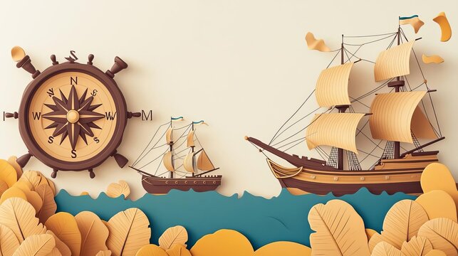 Columbus Day Nautical elements like compass and ships, symbolizing Columbus Day, no face, flat design illustration - Powered by Adobe