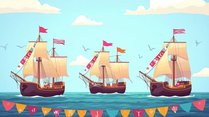 Columbus Day Sailing ships on the ocean with festive banners, Columbus Day theme, no face, flat design illustration