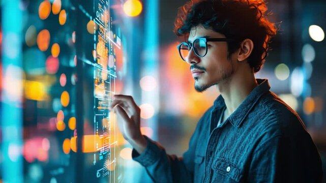 A person brainstorming ideas on a digital whiteboard, with AI assisting in organizing thoughts and suggesting creative connections.