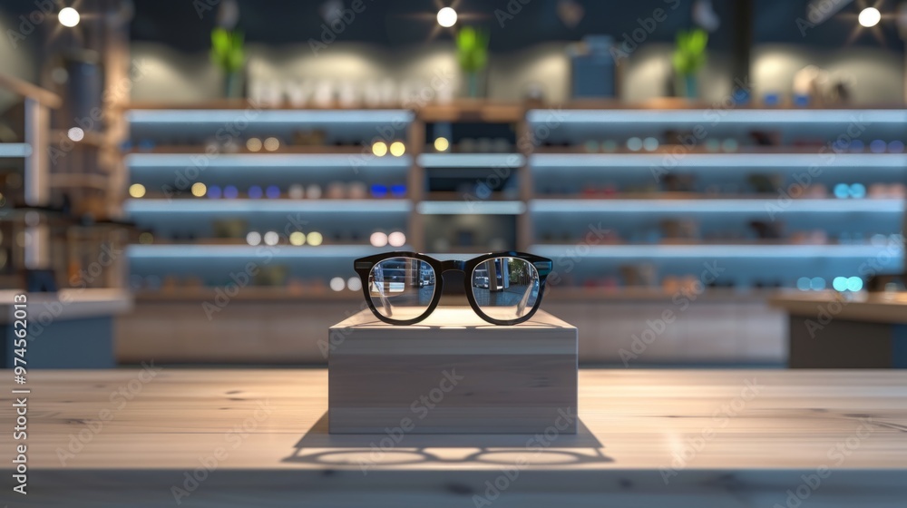 Poster a pair of glasses is on display in a store