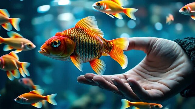 A pet owner feeding their fish in an aquarium, capturing the calm and peaceful bond that extends even to aquatic pets.