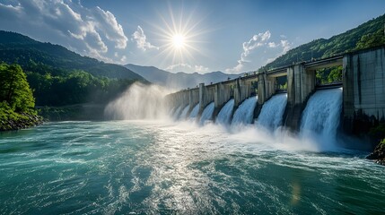 Fototapeta premium A majestic hydroelectric dam in a bright sunlit landscape with cascading water and lush green mountains, highlighting the power of nature in a vivid nature vista captured in HDR imaging.