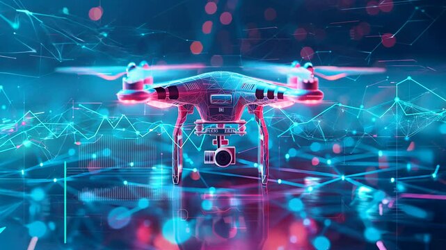 Advanced drone with camera hovering in futuristic digital landscape