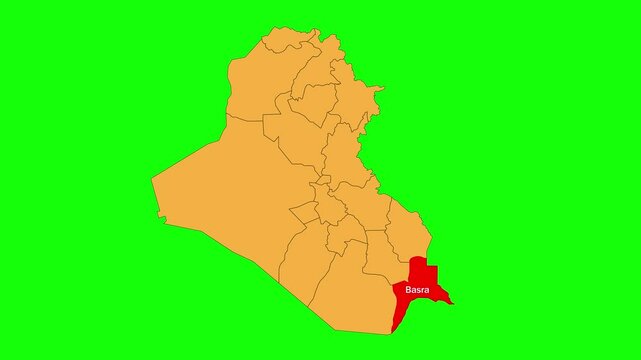 Basra map animated video. The location is highlighted on the Iraq map. Colour map with Green screen background in video format.	
