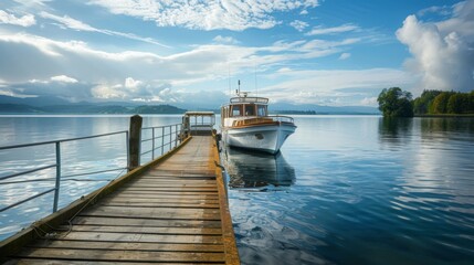 Fototapeta premium Wooden Pier with Boat on Tranquil Lake in Mountains