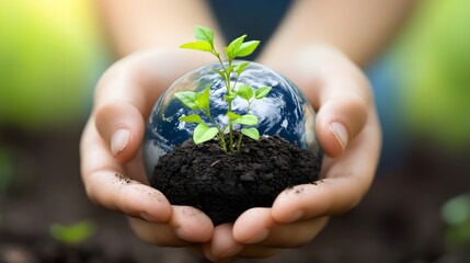 Hands Holding Earth with Growing Plants: Hands holding the Earth, with small green plants sprouting from its surface, symbolizing growth and renewal.
