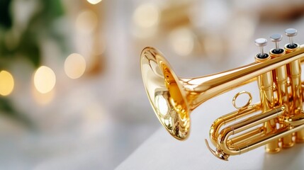 Fototapeta na wymiar Golden trumpet on a pristine white tabletop, gently illuminated, showcasing its polished surface and elegant design, capturing a sense of sophistication and simplicity.