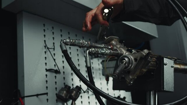 Mechanic carries out maintenance steering rack on test bench for diagnosing power steering racks under pressure