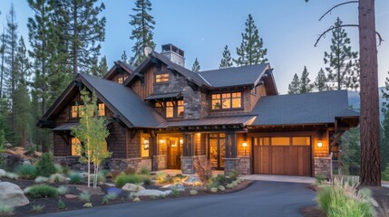 Fototapeta premium Modern Mountain Home with Stone and Wood Exterior