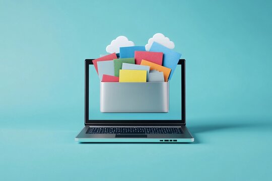 Creative illustration of a laptop with colorful folders representing digital organization and file management concepts