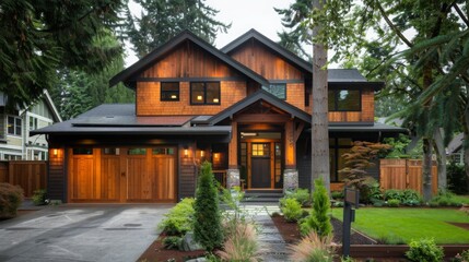 Fototapeta premium Modern Wood House with Stone Walkway and Landscaping