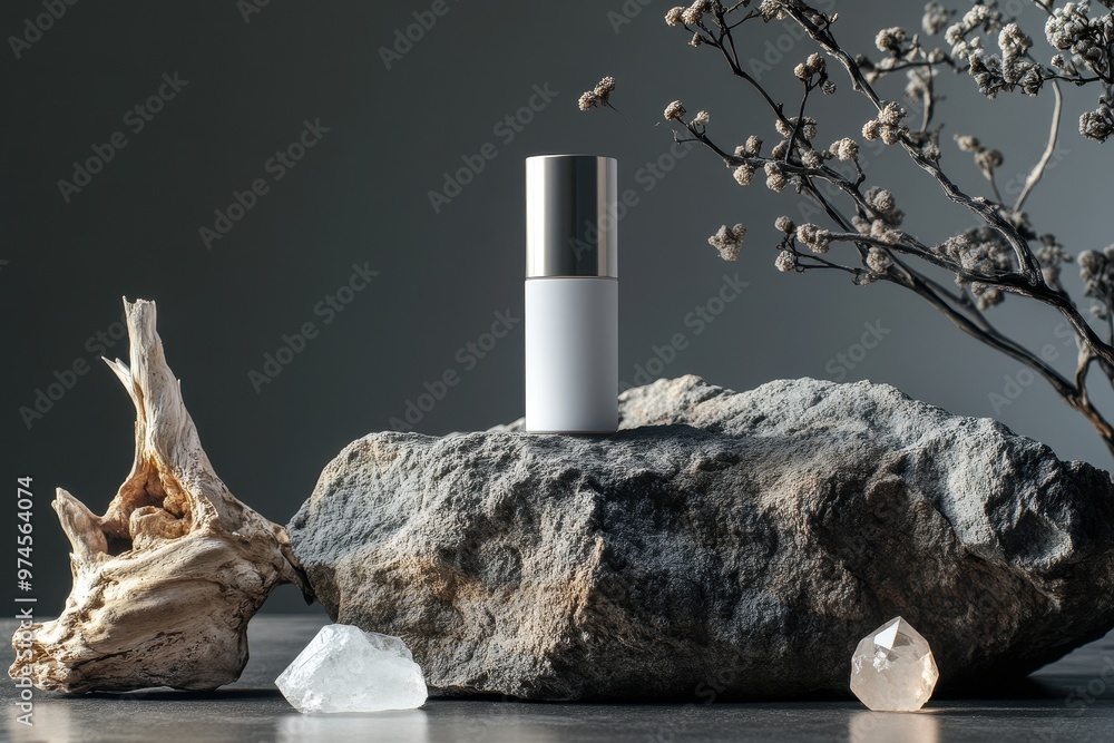 Poster a minimalist product display featuring a sleek bottle on a textured rock with natural elements.