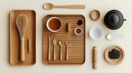 Japanese Tea Ceremony Flat Lay with Bamboo Utensils and Teapot