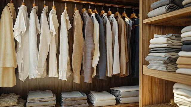A minimalist wardrobe with neatly arranged clothing in neutral tones, capturing the essence of quiet luxury and understated elegance.