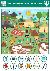 Vector dinosaur searching game with paleontologist dig camp landscape. Spot hidden objects. Prehistoric scientist seek and find printable activity for kids with skeleton, bone, archaeologist